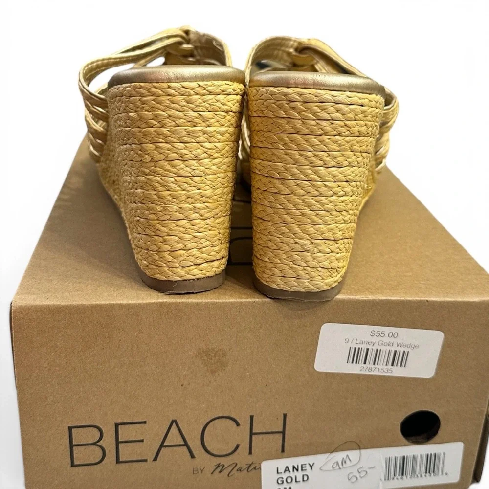 Beach by Matisse Laney Gold Rattan Wedge Sandal Women Size 9 Braided Raffia